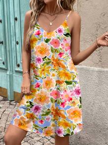 SHEIN LUNE Women's Floral Print Camisole Knit Mini Dress, Suitable For Spring And Summer