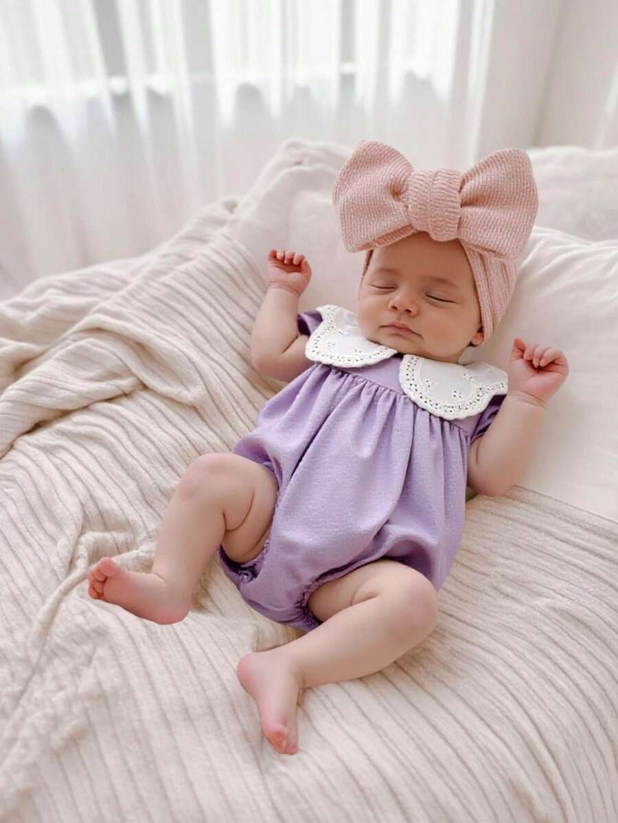 Bộ đồ liền thân tay ngắn cổ Peter Pan màu tím dễ thương cho bé gái sơ sinh - Màu tím - Xem 1