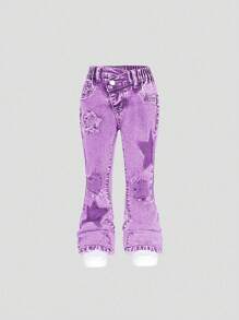 SHEIN Young Girl' Medium Wash Blue Flare Leg Distressed Jeans With Star Embroidery Patches - Purple - View 1