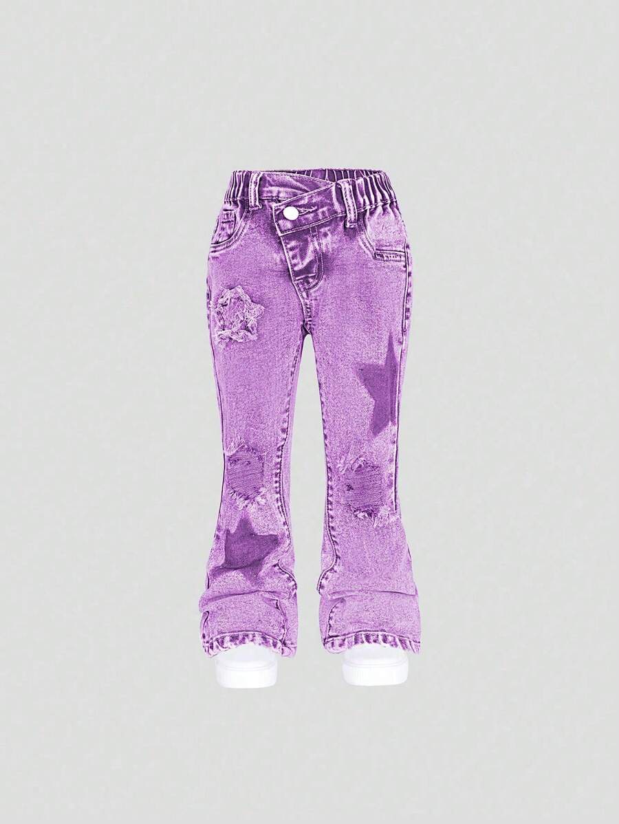 SHEIN Young Girl' Medium Wash Blue Flare Leg Distressed Jeans With Star Embroidery Patches - Purple - View 1