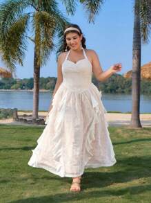 SHEIN MOD Plus Size Lace Patchwork Camisole With Bowknot Waist Band Flare Maxi Dress,Summer Outfits For Women ,Beach Outfits For Woman,Festival Outfits For Women,Beach Vacation Outfits