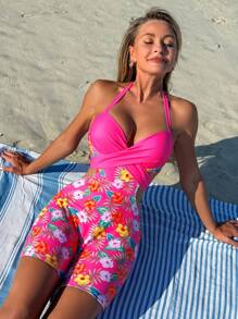 Swim Lushoire Women's Tropical Print Push-Up Bandage One-Piece Swimsuit, Elegant Casual Spring Summer Holiday Beach Party - Multicolor - View 5