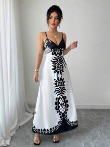 Selianne 印花 V 领性感宽松细肩带连衣裙 - 黑與白 - 查看 4