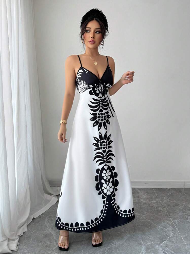 Selianne Vestido Estampado de Decote em V, Sexy e Solto, com Alças Finas - Preto e Branco - Visão 4
