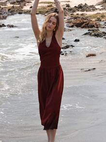 Lumivelle Women's V-Neck Cinched Waist Ruched A-Line Elegant Backless Knit Dress - Rust Brown - View 3