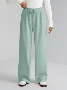 SHEIN Tall Women's Solid Color Drawstring Waist Soft Knit Loose Casual Pants, Fall/Winter , Baggy Pants - Green - View 6