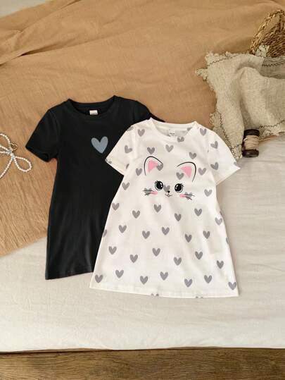 SHEIN LMoss Kids 2 件套休闲百搭针织圆领短袖爱心猫咪图案连衣裙，适合外出等场合