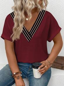 SHEIN Women's Colorblock Striped V-Neck Short Sleeve Cuffed Hem Casual Fashion Versatile Plus Size T-Shirt, Spring/Summer - Red - View 4