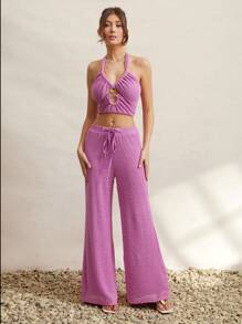L'Amorae Pantalones de playa de verano de pierna ancha con elástico y ganchillo, conjuntos de verano para mujer, conjuntos para el brunch para mujer, para el Día de la Madre