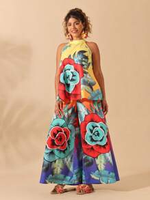 SHEIN Clasi Flowers Birds Women Plus Size Floral Print Halter Cami + Pants 2pcs Set, Vacation - Multicolor - View 4