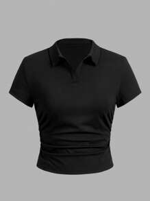 SHEIN Essnce 2pcs/Set Women's Collared Slim Fit Ruched Short Sleeve T-Shirt Suit, Suitable For Summer - Multicolor - View 7