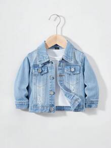 SHEIN Playful Pals Baby Boys Denim Jacket, Distressed Washed Loose Fit Casual Denim Outerwear - Light Wash - View 1