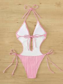 SHEIN Swim 1 pieza Traje de baño de una pieza con cuello halter y espalda descubierta de unicolor, para vacaciones y playa