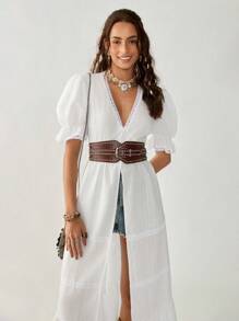 Florisole Women's Summer Contrast Lace Ruffle Hem Puff Sleeve Blouse - White - View 5