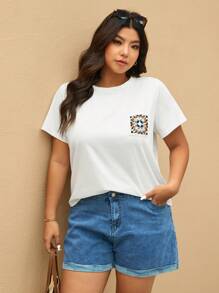 Elaquor Damen Große Größen Blume Muster Rundhals Kurzarm Lässig T-Shirt - Weiss - Übersicht 5