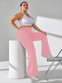 Easithlete Plus Size Casual Solid Color High Waist Flared Sports Pants - Pink - View 3