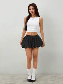 SHEIN PETITE Pantalones cortos bloomers de mujer de cintura elástica y pierna ancha en unicolor