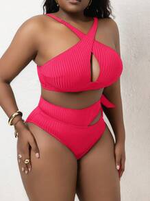 Slaydiva Plus Size Women Cross Strap Halter Hollow Out Tie Wide Ribbed Fabric Bikini Set - Hot Pink - View 4