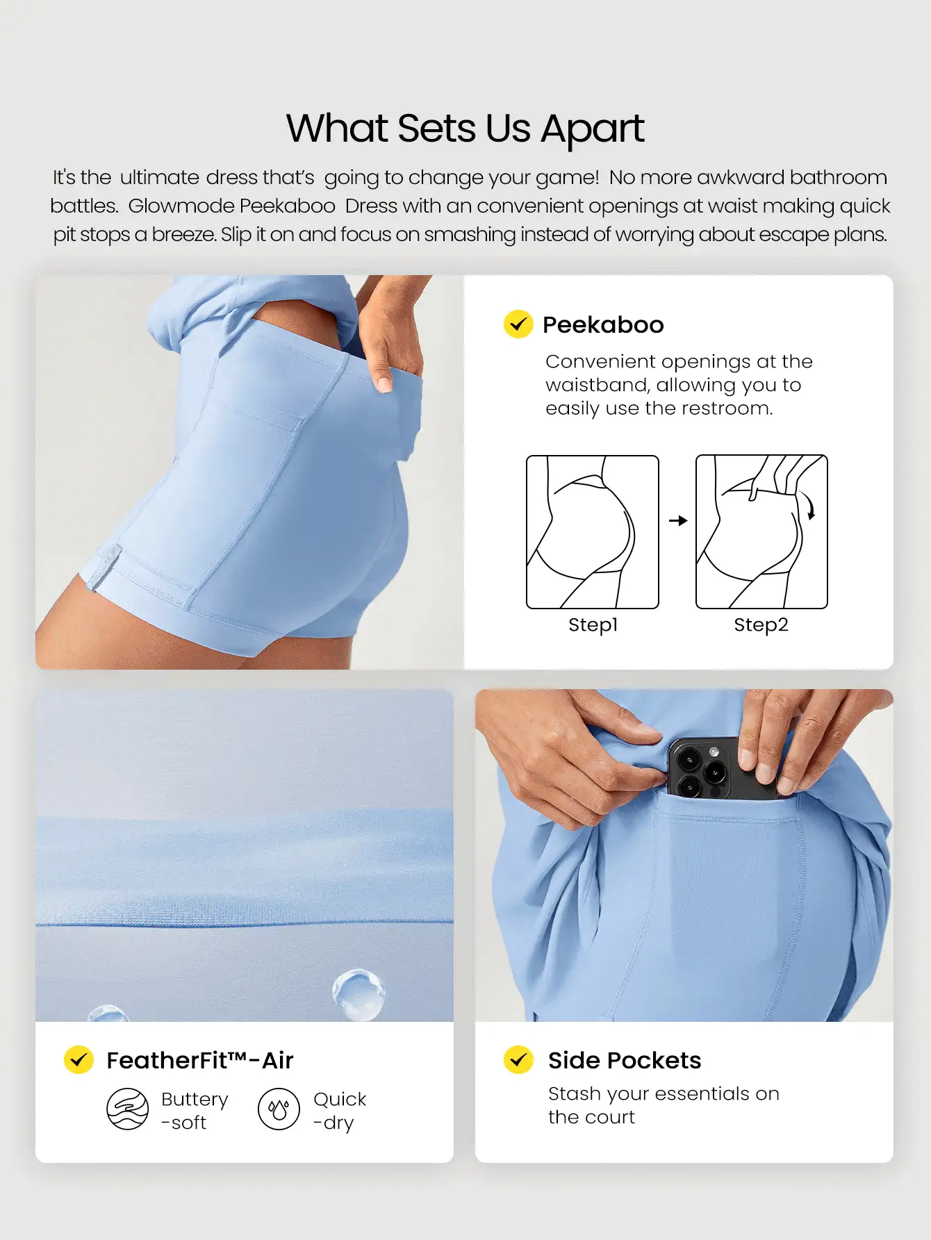 GLOWMODE Vestido mini deslizante FeatherFit™-Air Elevate A-Line con bolsillo corto incorporado, de bajo impacto, de verano, de secado rápido y que absorbe la humedad. - Celeste - Ver 2