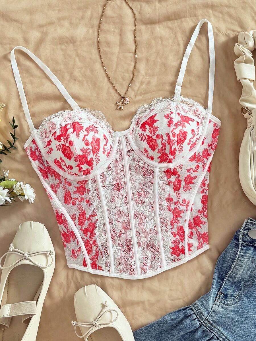Soleia 女士节日花卉印花蕾丝边可调节肩带修身吊带背心