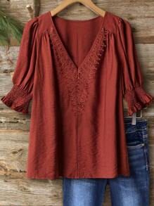 SHEIN LUNE Áo cánh vải lanh pha hoa Boho thanh lịch cỡ lớn 3/4 tay áo thường ngày - Đỏ - Xem 1