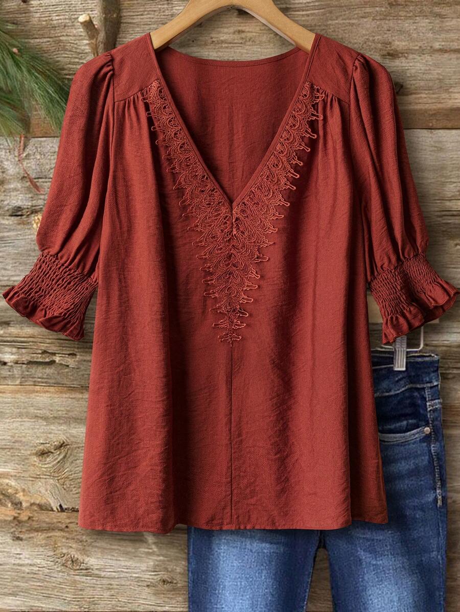 SHEIN LUNE Áo cánh vải lanh pha hoa Boho thanh lịch cỡ lớn 3/4 tay áo thường ngày - Đỏ - Xem 1