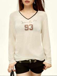 Rina Fox 女士字母与数字印花长袖休闲 T 恤 - 杏色 - 查看 6