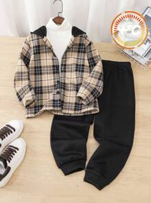 SHEIN 2 件套 Tween Boy 冬季休闲格子保暖内衬针织连帽上衣和纯色针织裤套装 - 黑色 - 查看 7