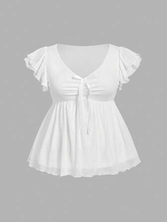 SHEIN MOD Damen Große Größen Einfarbige Bluse mit Schleife, Rüschenärmeln und modischem Design