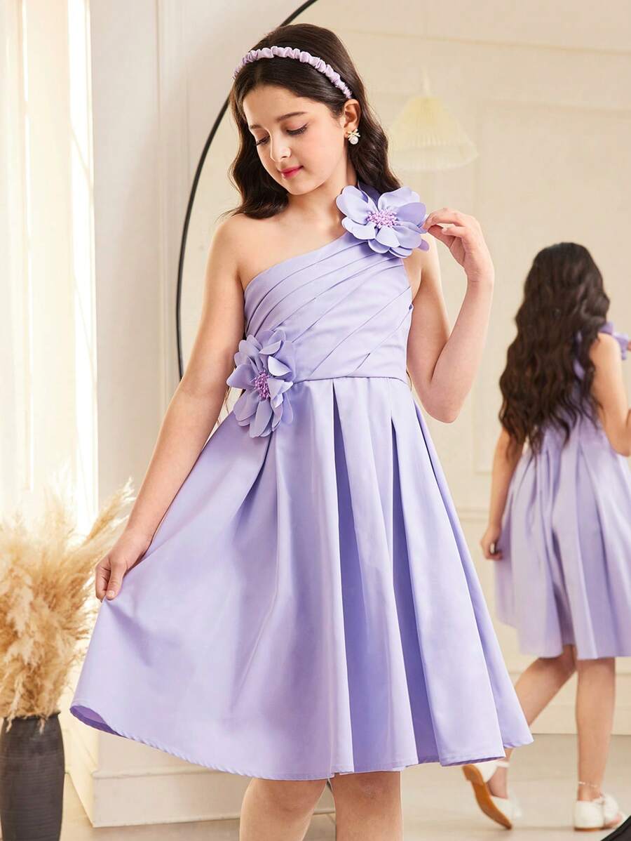 SHEIN Tween Girls' Solid Color Handmade Applique Rhinestone Ruched Sleeveless Dress, Elegant For Commuting, Princess Style - Purple - View 1