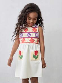 Maija Kids Maija Kids Vestido casual de ganchillo suelto con parches con estampado floral para niñas jóvenes - Blanco - Ver 4