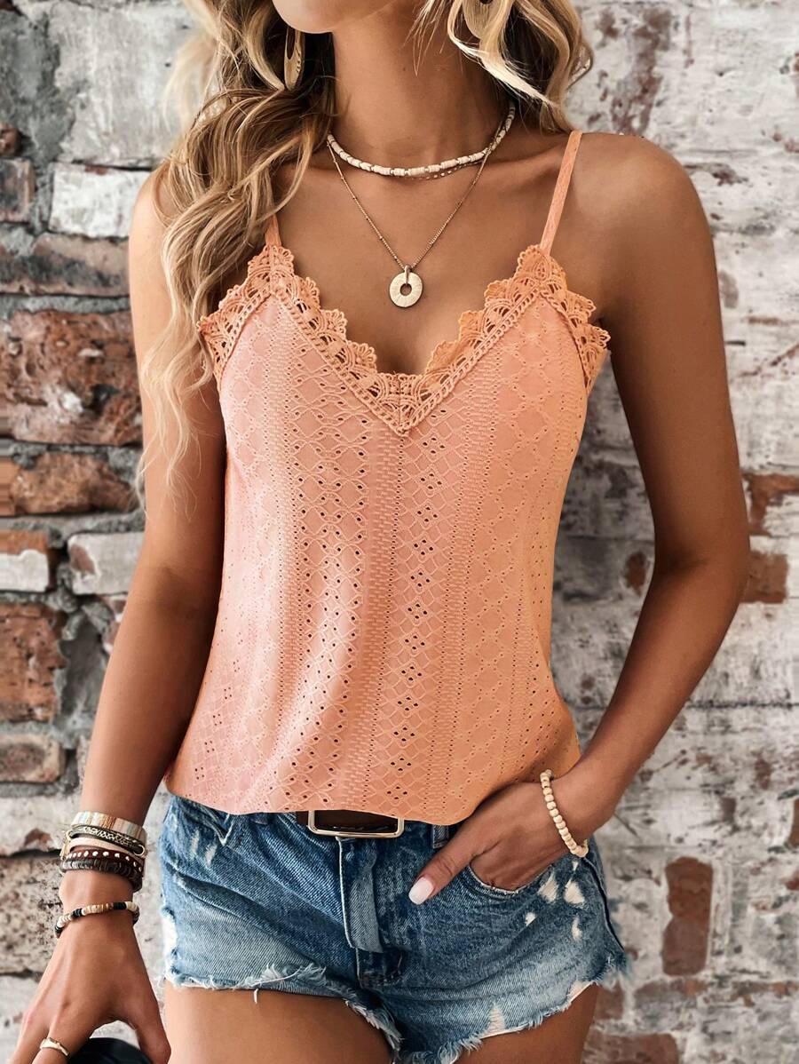 SHEIN LUNE Camiseta sin tirantes de verano de unicolor con parches de encaje, bordado y calado - Naranja - Ver 1