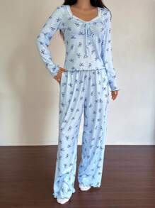 DAZY 蕾丝拼接蝴蝶结印花褶皱波浪边睡衣套装，甜美，秋冬服装 - 淺藍色 - 查看 5