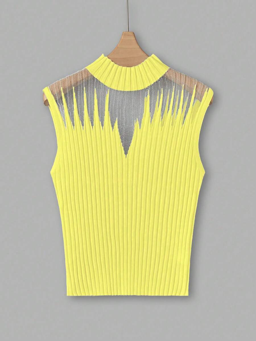 Franclia Blusa de punto informal sin mangas con cuello redondo y contraste de malla para mujer - Amarillo - Ver 1