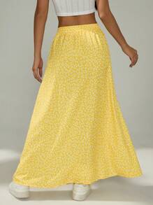 SHEIN PETITE Ditsy Floral Print Split Thigh Summer Women Skirt,Butter Yellow