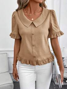 SHEIN Clasi Blusa casual de unicolor con botones al frente y mangas cortas, para uso diario, salidas, verano para mujeres