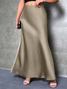 SHEIN Tall Women's Elegant Satin Solid Color Skirt Long Skirts For Women Maxi Skirts For Women Women Skirts Long Women Long Skirts - Khaki - View 5
