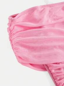 SHEIN Girlism TEENGIRL Pink Elegant Off-Shoulder Pleated Mesh Snug Fit Dress,Party Dress - Pink - View 4