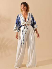 Sunserae 大码女式陶瓷蓝印花 V 领短袖波西米亚度假衬衫，春夏 - 藍色 - 查看 6