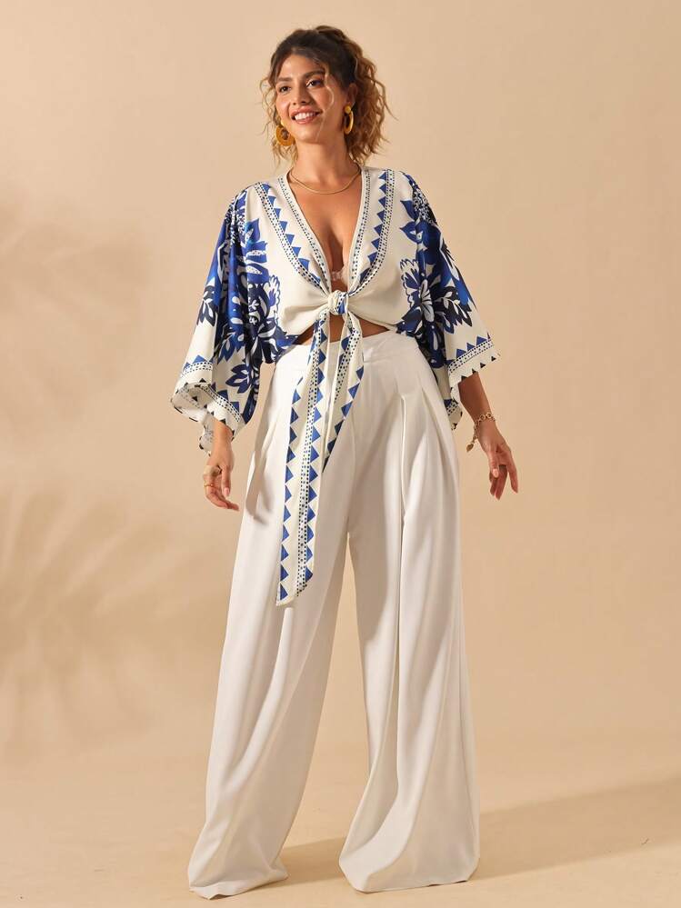 Sunserae 大码女式陶瓷蓝印花 V 领短袖波西米亚度假衬衫，春夏 - 藍色 - 查看 6