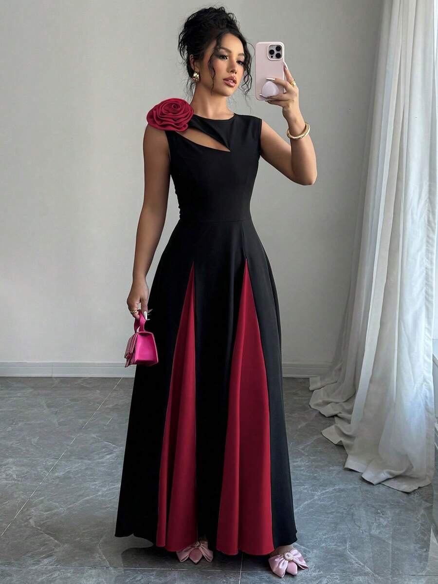 Modelyn 女士编织双色块花卉 3D 镂空喇叭下摆无袖连衣裙 - 紅色和黑色 - 查看 1