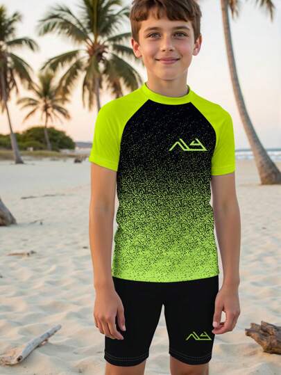 SHEIN Conjunto de maiô esportivo casual minimalista amarelo e preto com decote redondo e manga curta, adequado para o verão