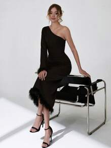 CLARA VERO ONE SHOULDER FEATHER CUFF & HEM SHORT DRESS - Black - View 3