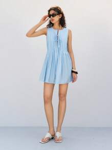 LYSMO 女士纯色前系带褶皱无袖迷你连衣裙 - 淺藍色 - 查看 4