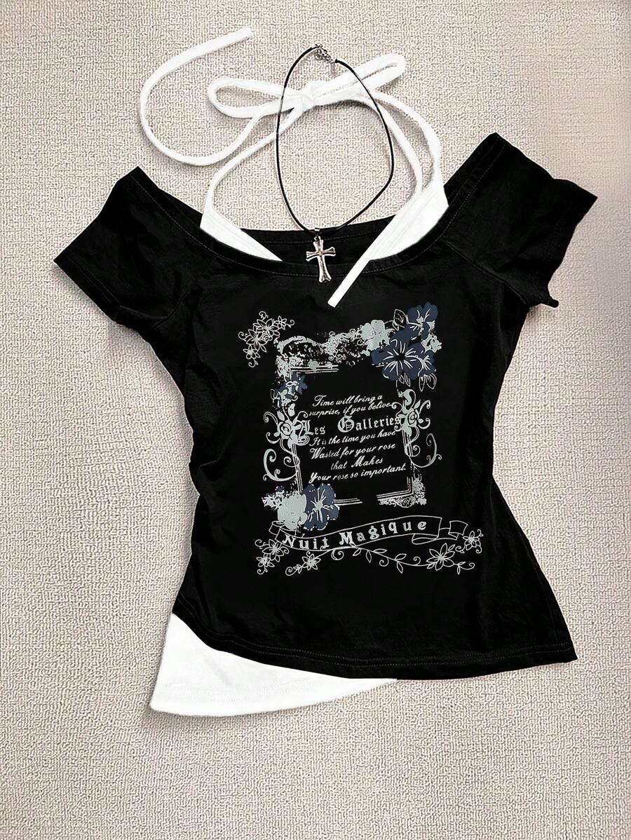 INAWLY Áo thun in họa tiết khẩu hiệu khối màu thời trang mùa hè cho nữ (2 trong 1) - màu đen - Xem 1