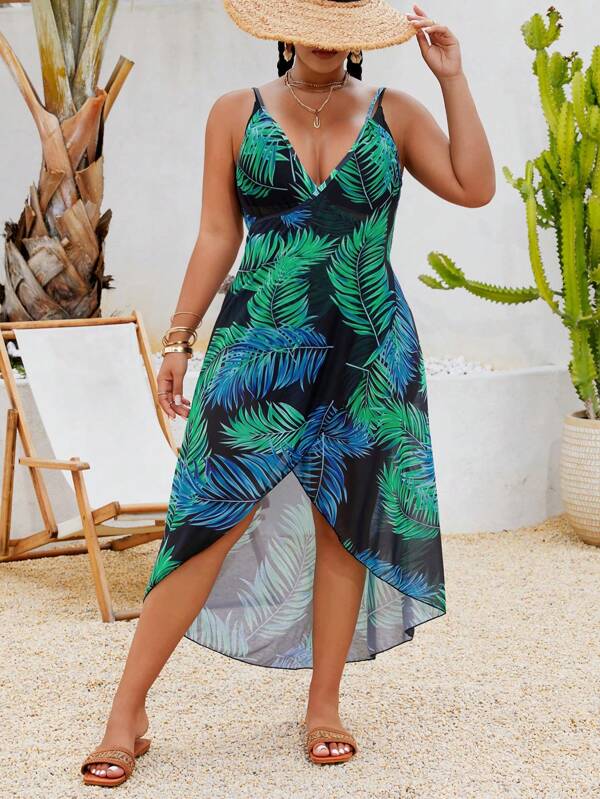 Swim Lushoire Coprispalle da spiaggia in stile kimono da donna taglie forti, con stampa di foglie tropicali e motivo casual, con spalline sottili e schiena scoperta, adatto per vacanze