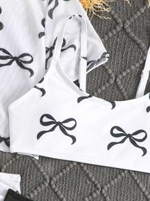 Tween Girl 2 件套蝴蝶印花比基尼套装带罩衫裙（印花款式随机） - 黑與白 - 查看 6