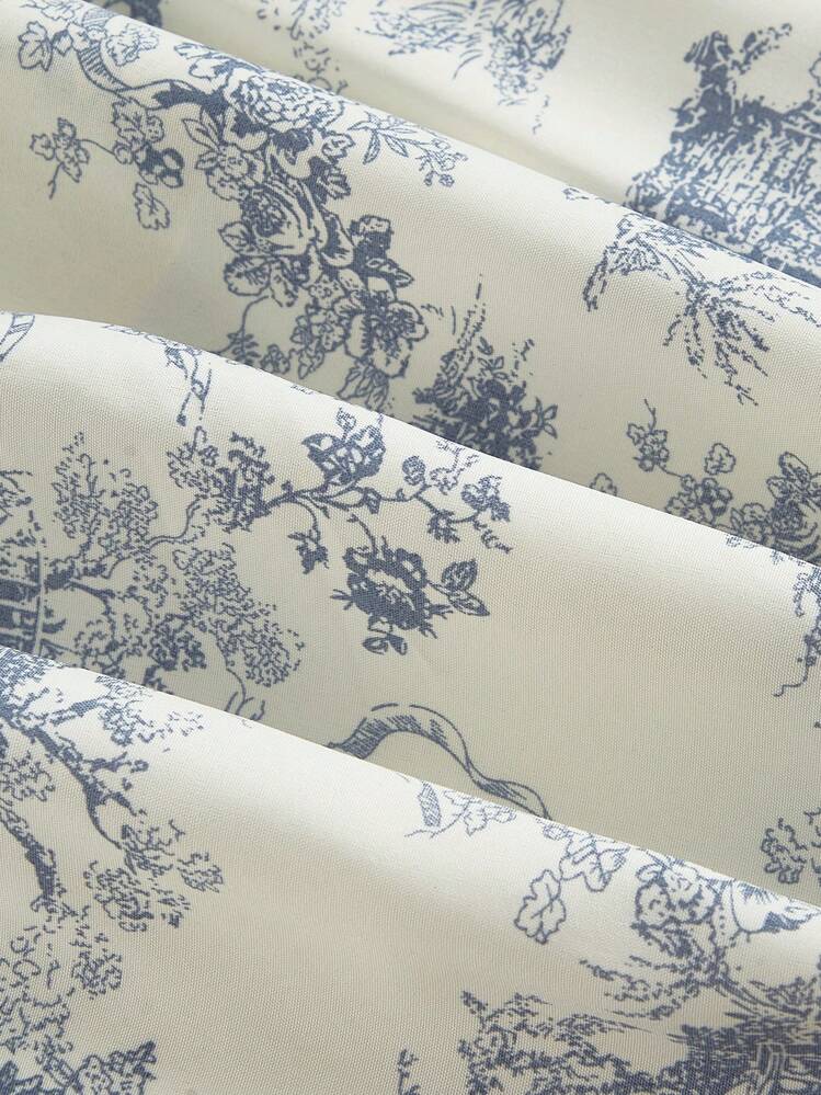 SHEIN MOD Robe vintage à encolure en cœur, avec liens croisés, volants sur les bords et ourlet asymétrique. Robe blanche pour la remise des diplômes. - Bleu et Blanc - Voir 4