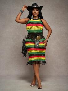 Slaydiva Plus Size Women Contrast Color Hollow Out Tassel Hemline Sexy Halter Knit Dress Winter Fall Autumn - Multicolor - View 5