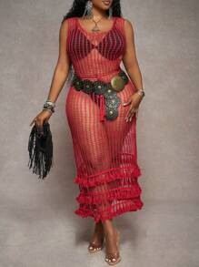 Slaydiva Plus Size Fitted Long Red Fringe Hollow-Out Vacation Dress, Spring/Summer - Red - View 4